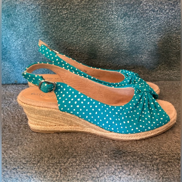 Easy Street RETRO Platform Espadrilles sz 7 TURQUOISE POLKA DOT like New FAB!!! - Picture 6 of 7
